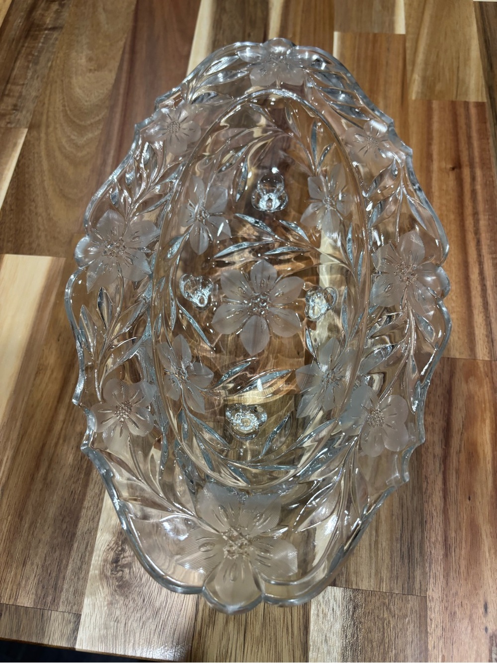 Vintage crystal glass footed floral etched oval centerpiece bowl